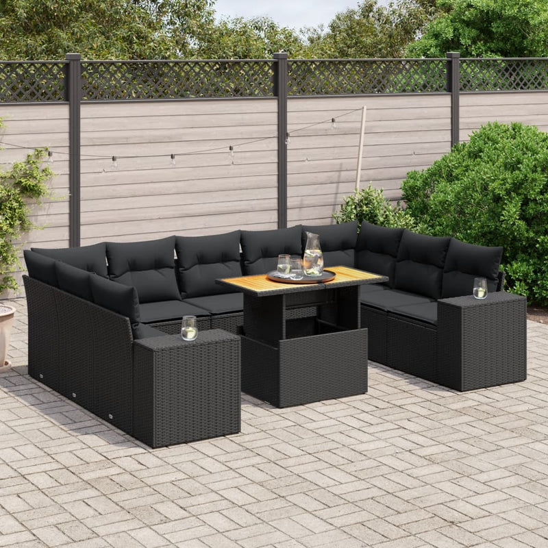 Set canapele de grădină cu perne, 10 piese, negru, poliratan