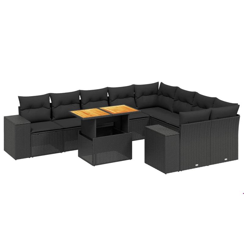 Set canapele de grădină cu perne, 10 piese, negru, poliratan
