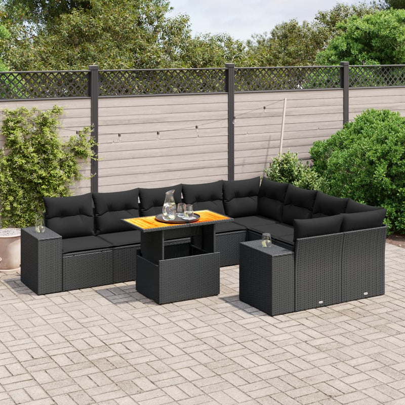 Set canapele de grădină cu perne, 10 piese, negru, poliratan