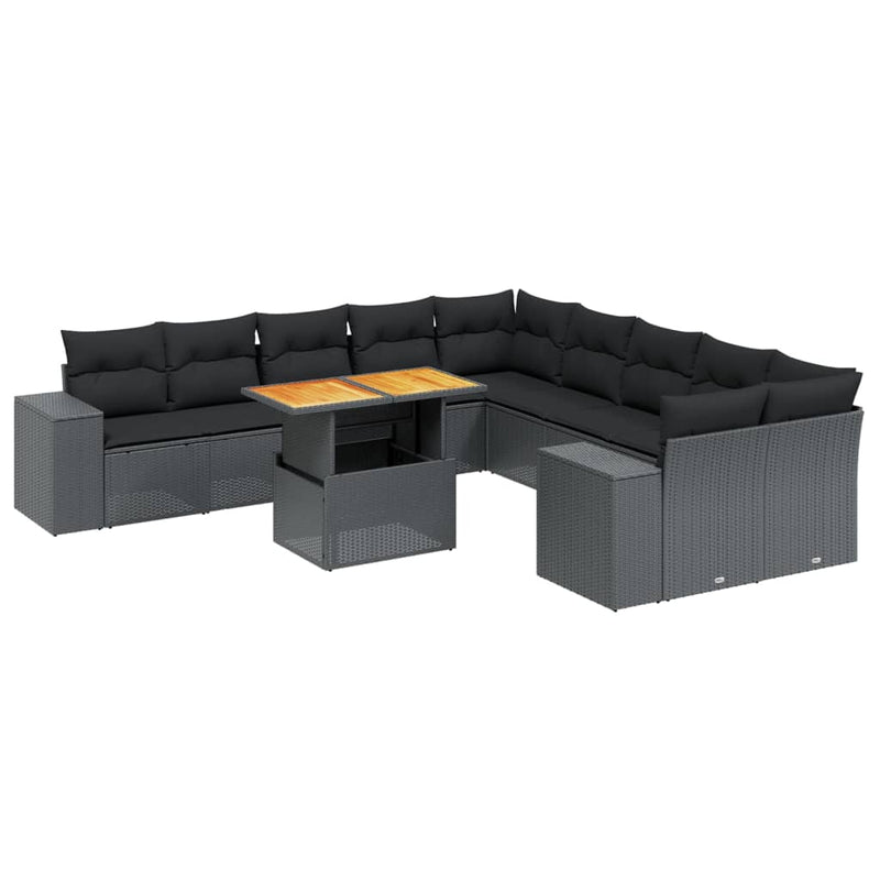 Set canapele de grădină cu perne, 11 piese, negru, poliratan