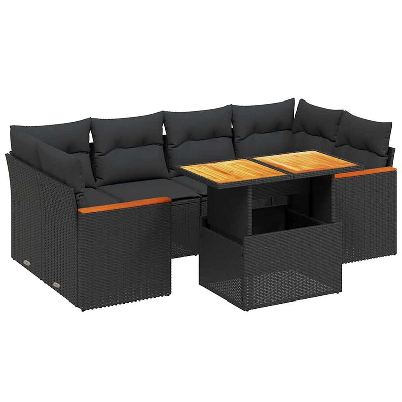 Set canapele de grădină cu perne, 7 piese, negru, poliratan