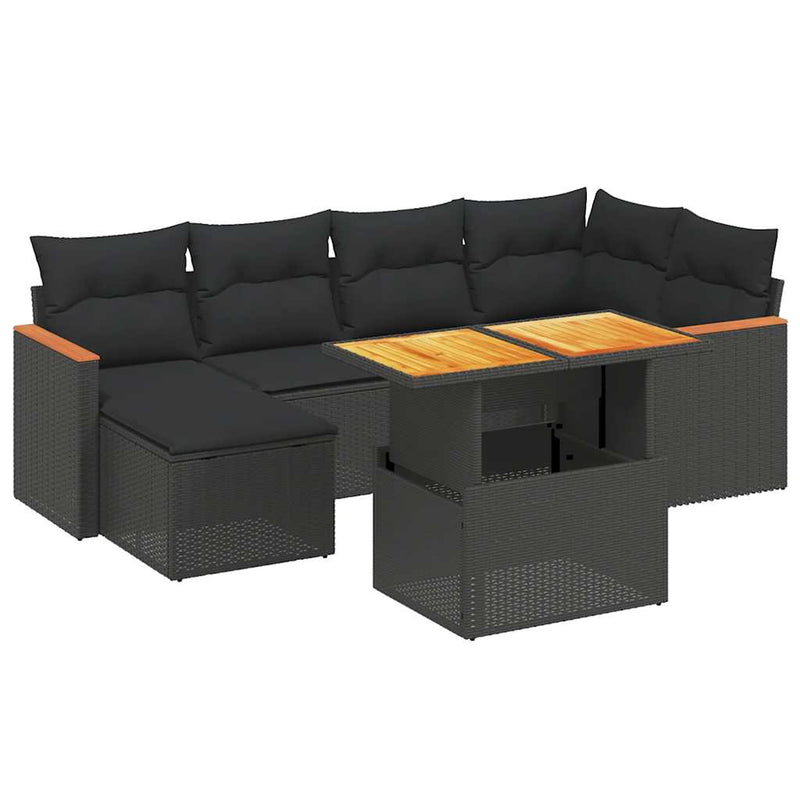 Set canapele de grădină cu perne, 7 piese, negru, poliratan