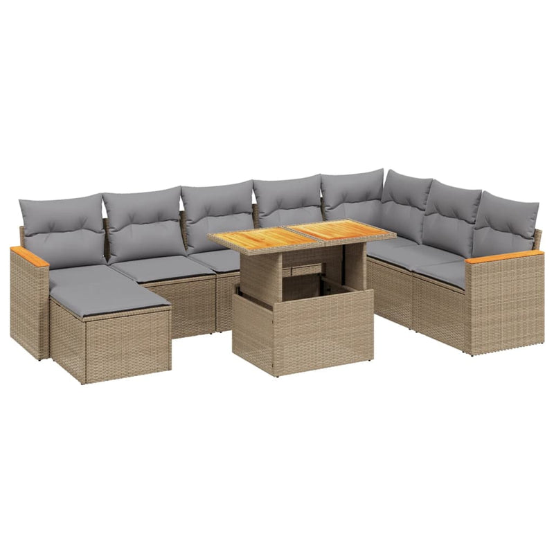 Set canapele de grădină, 9 piese, cu perne, bej, poliratan