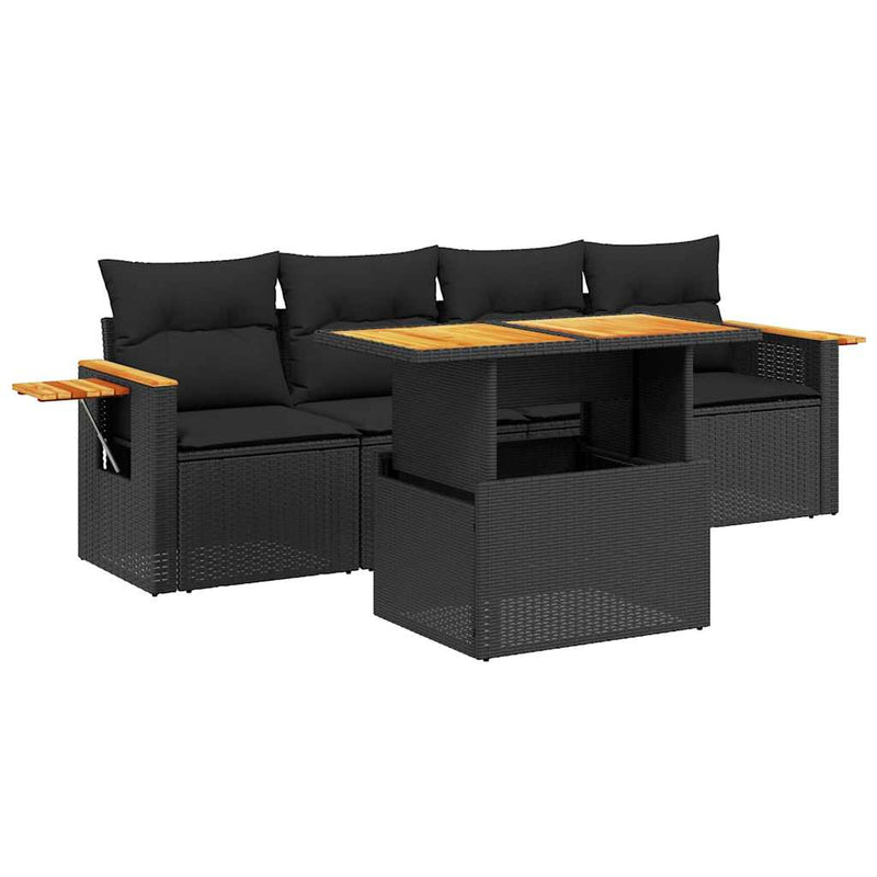 Set mobilier de grădină cu perne, 5 piese, negru, poliratan