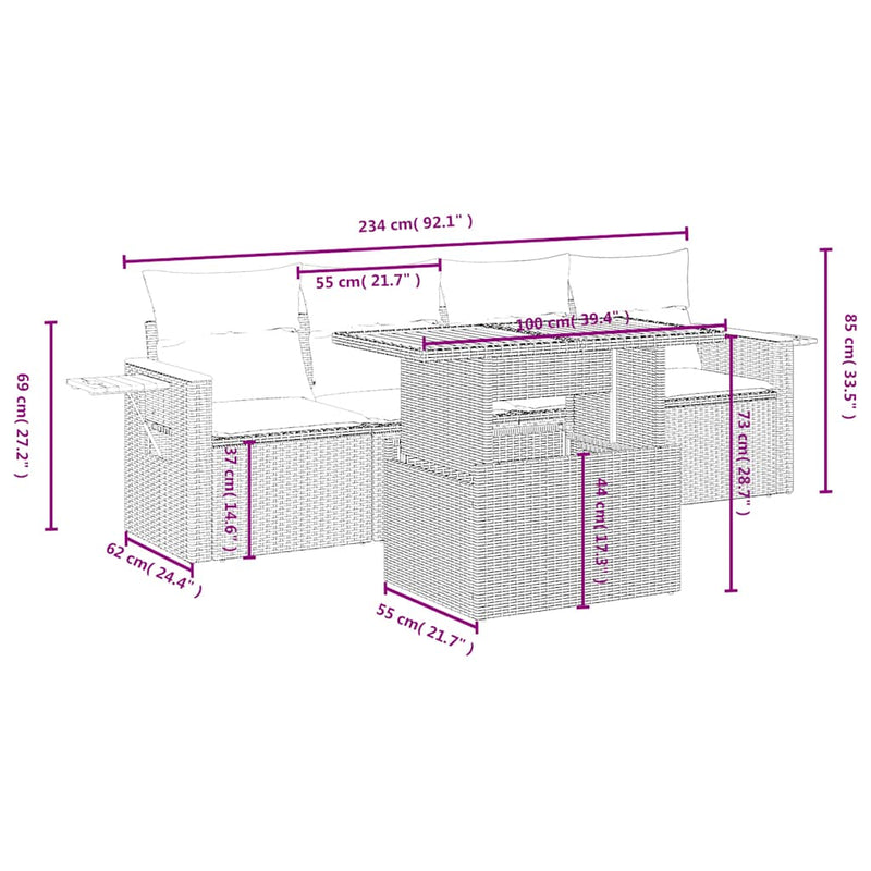 Set mobilier de grădină cu perne, 5 piese, negru, poliratan