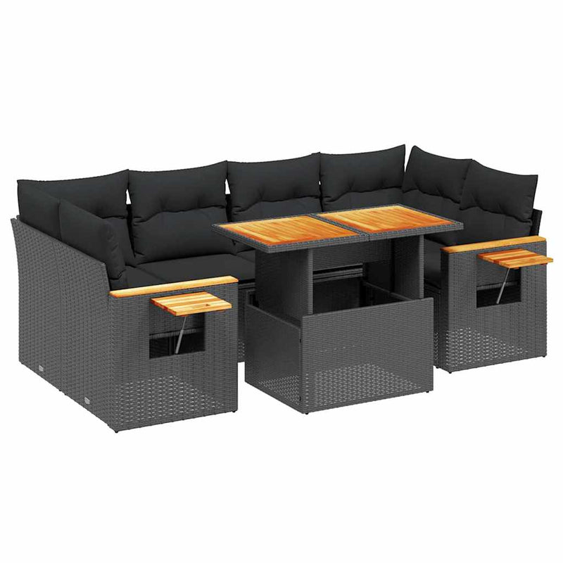 Set canapele de grădină cu perne, 7 piese, negru, poliratan