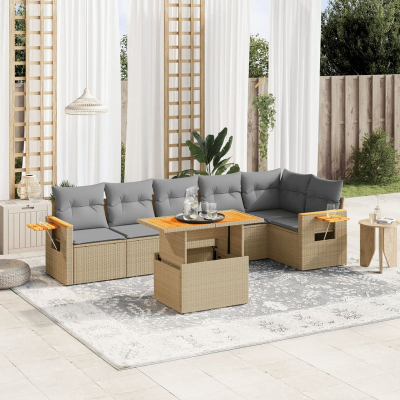 Set canapele de grădină, 7 piese, cu perne, bej, poliratan