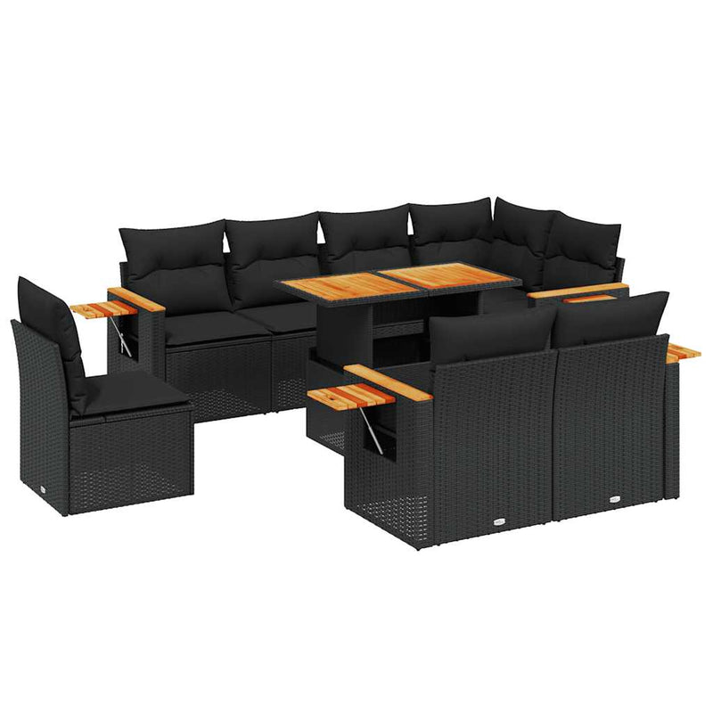 Set mobilier de grădină cu perne, 9 piese, negru, poliratan