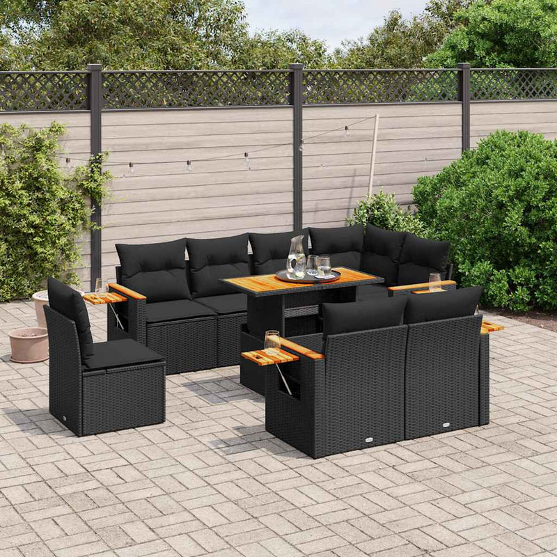 Set mobilier de grădină cu perne, 9 piese, negru, poliratan
