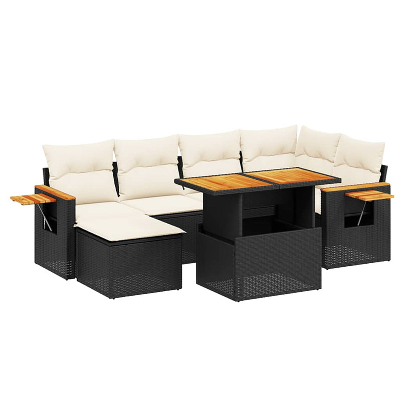 Set canapele de grădină cu perne, 7 piese, negru, poliratan