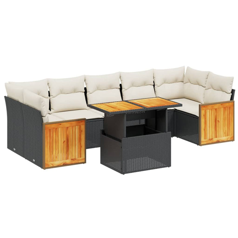 Set mobilier de grădină cu perne, 8 piese, negru, poliratan