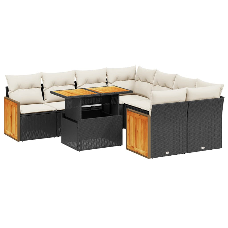 Set mobilier de grădină cu perne, 9 piese, negru, poliratan
