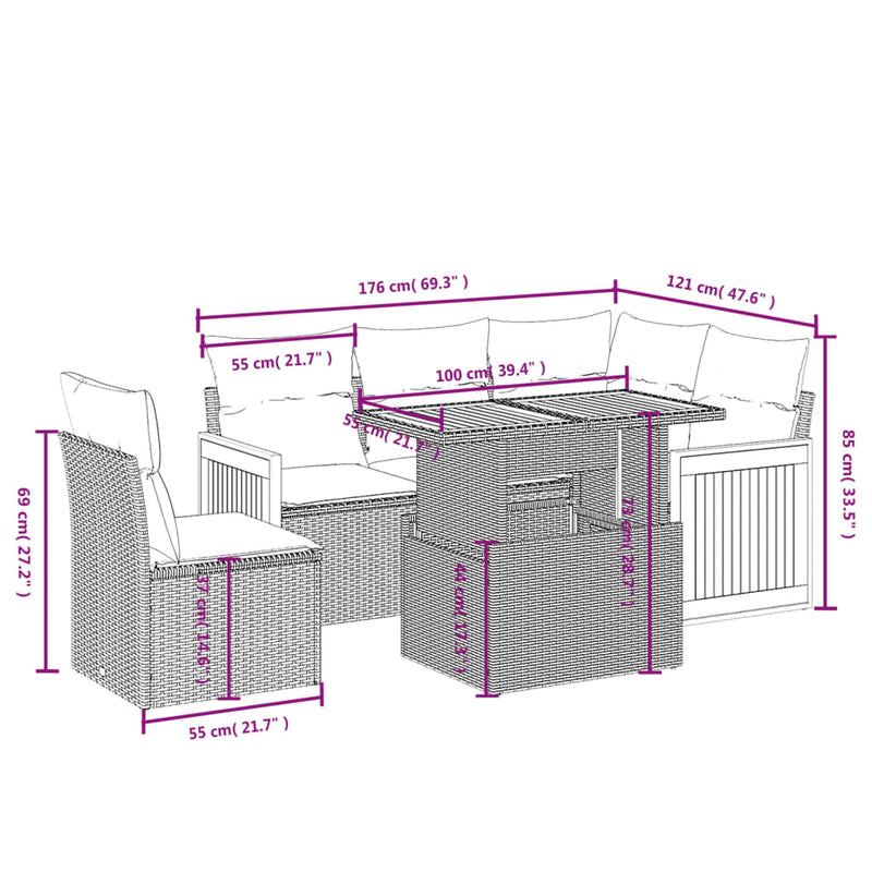 Set mobilier de grădină cu perne, 6 piese, negru, poliratan