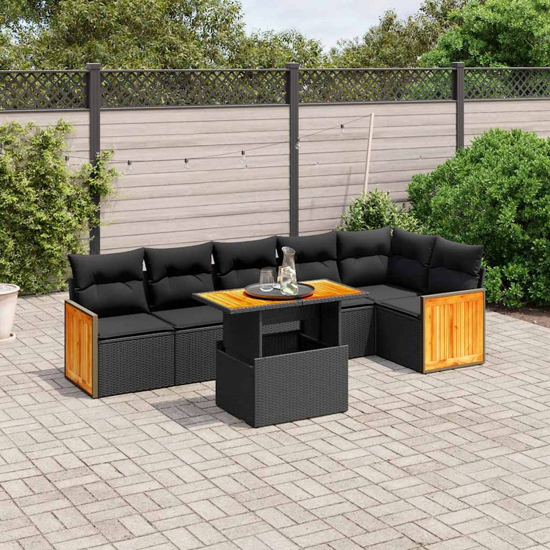 Set canapele de grădină cu perne, 7 piese, negru, poliratan