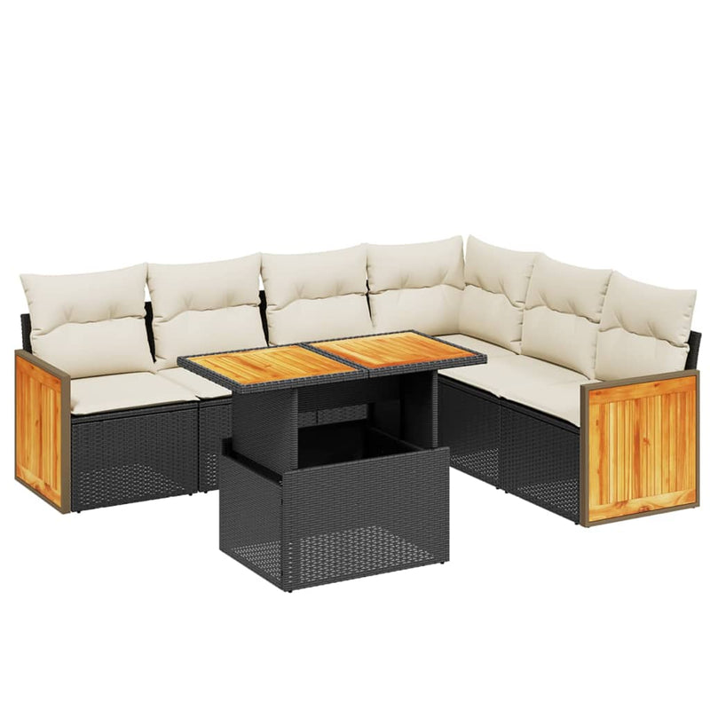 Set canapele de grădină cu perne, 7 piese, negru, poliratan
