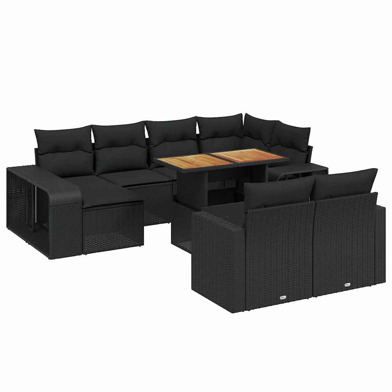Set canapele de grădină cu perne, 11 piese, negru, poliratan