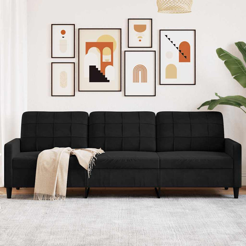 Canapea cu 3 locuri, negru, 210 cm, material catifea
