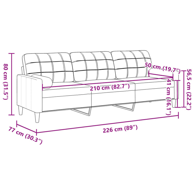 Canapea cu 3 locuri cu pernuțe, crem, 210 cm, textil