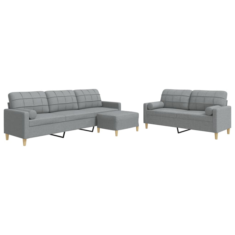 Set canapele cu taburet și perne, 3 piese, gri deschis, textil