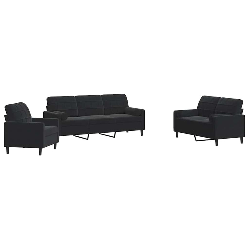 Set de canapele cu perne/rulouri, 3 piese, negru, catifea