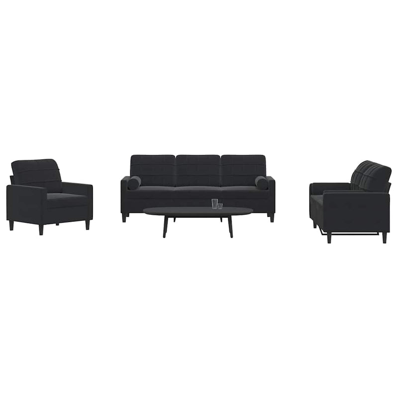 Set de canapele cu perne/rulouri, 3 piese, negru, catifea