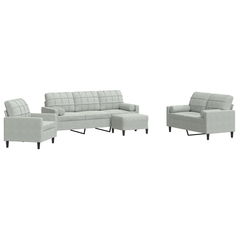 Set de canapele cu perne, 4 piese, gri deschis, catifea
