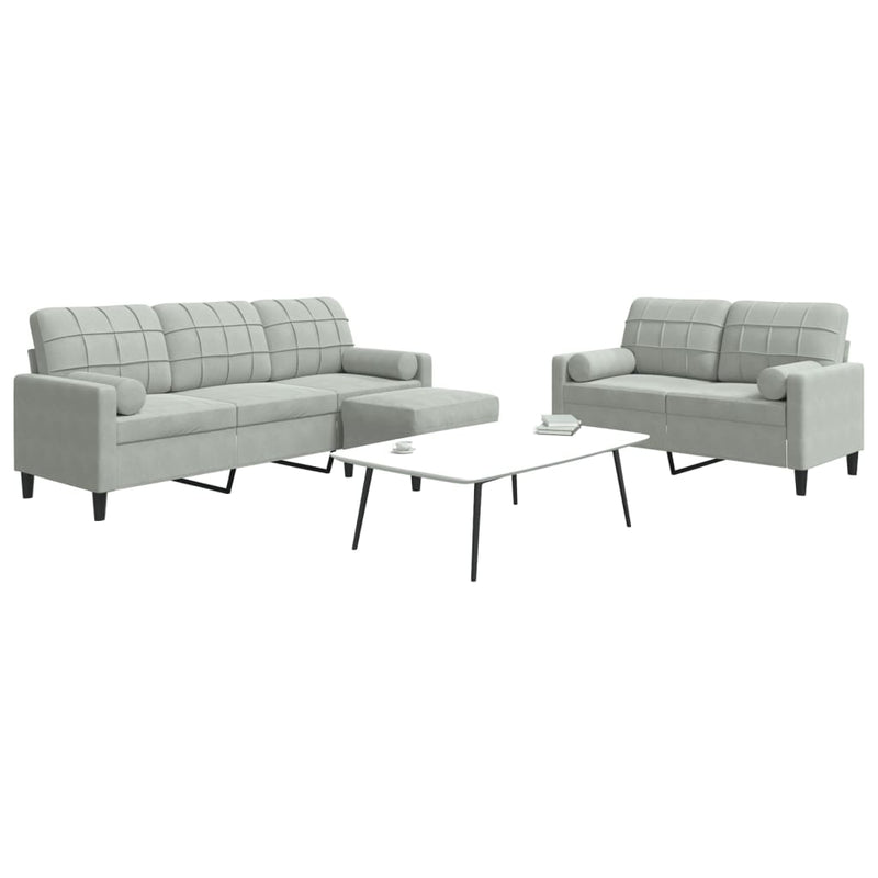 Set de canapele cu perne, 3 piese, gri deschis, catifea