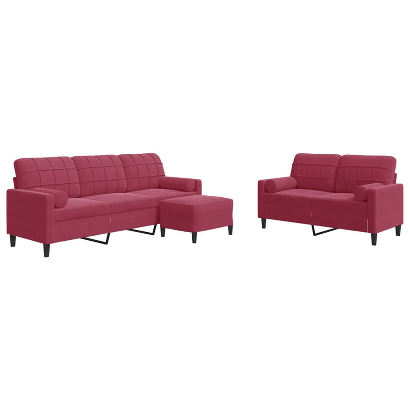 Set canapea cu perne/rulouri, 3 piese, roșu vin, catifea