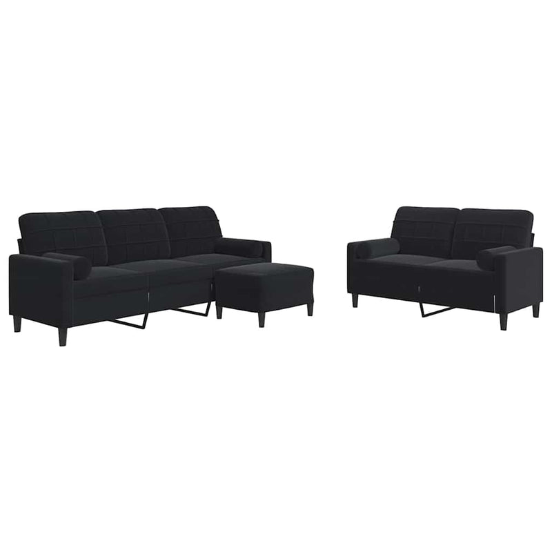 Set de canapele cu perne/rulouri, 3 piese, negru, catifea