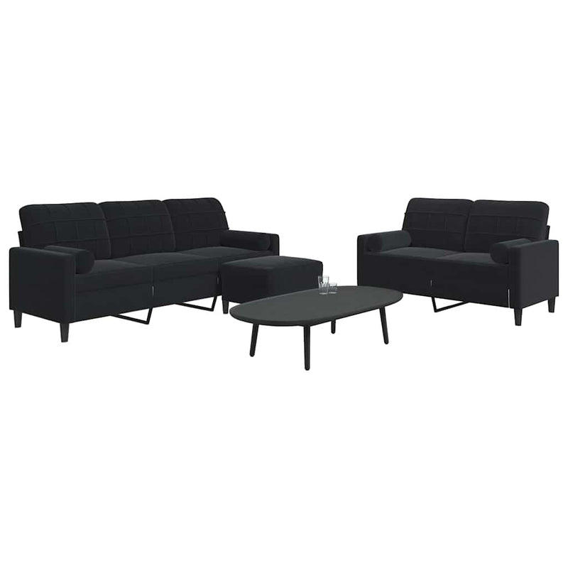 Set de canapele cu perne/rulouri, 3 piese, negru, catifea