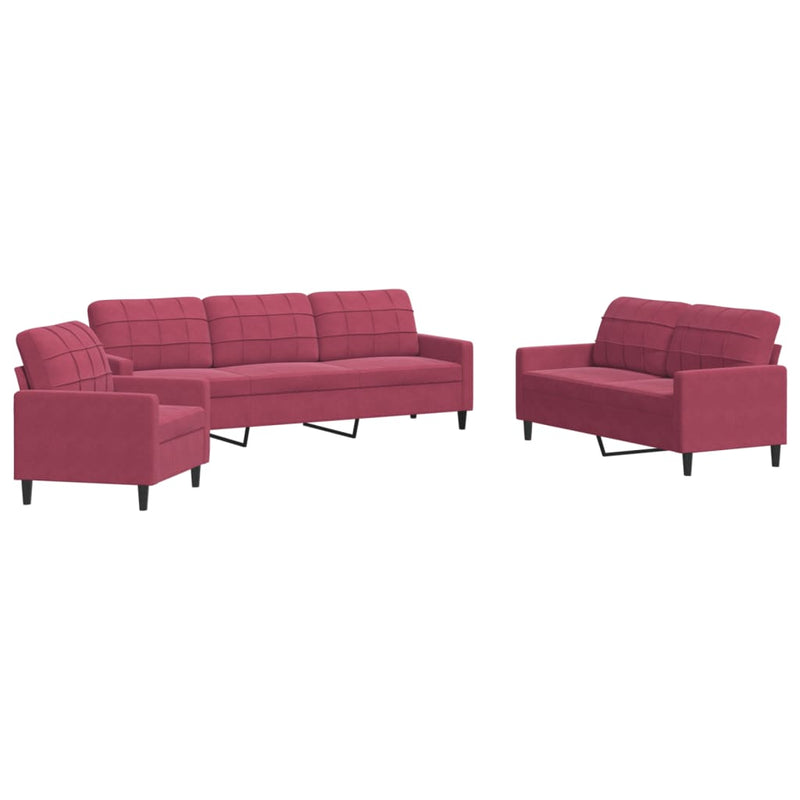 Set canapea cu perne, 3 piese, roșu vin, catifea