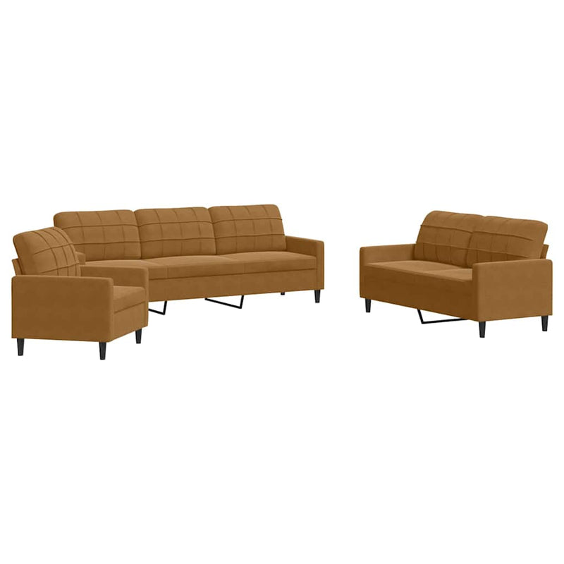 Set de canapele cu perne, 3 piese, maro, catifea