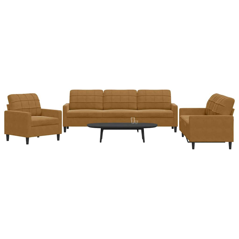 Set de canapele cu perne, 3 piese, maro, catifea