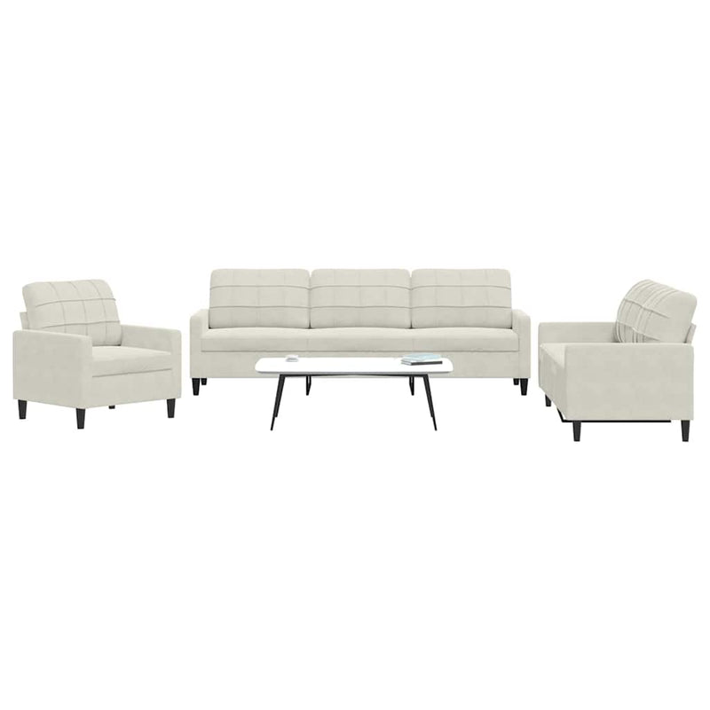 Set de canapele cu perne, 3 piese, crem, catifea
