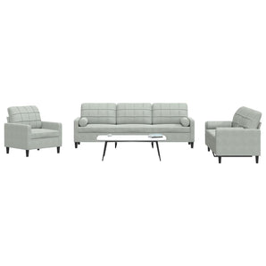 Set de canapele cu perne, 3 piese, gri deschis, catifea