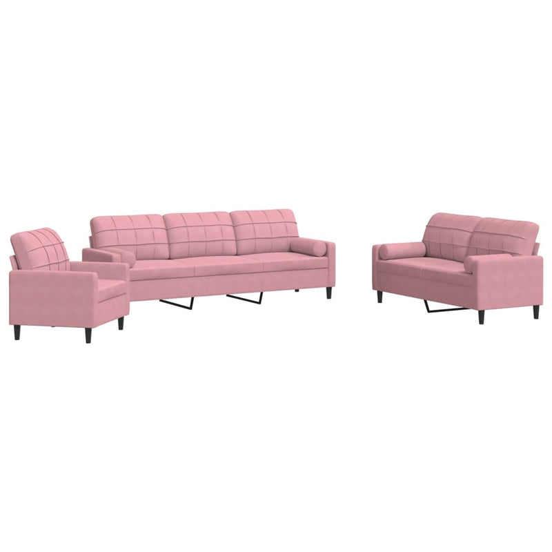 Set canapele cu perne/rulouri, 3 piese, roz, catifea
