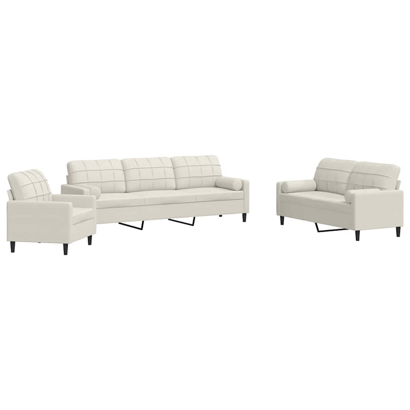 Set de canapele cu perne/rulouri, 3 piese, crem, catifea