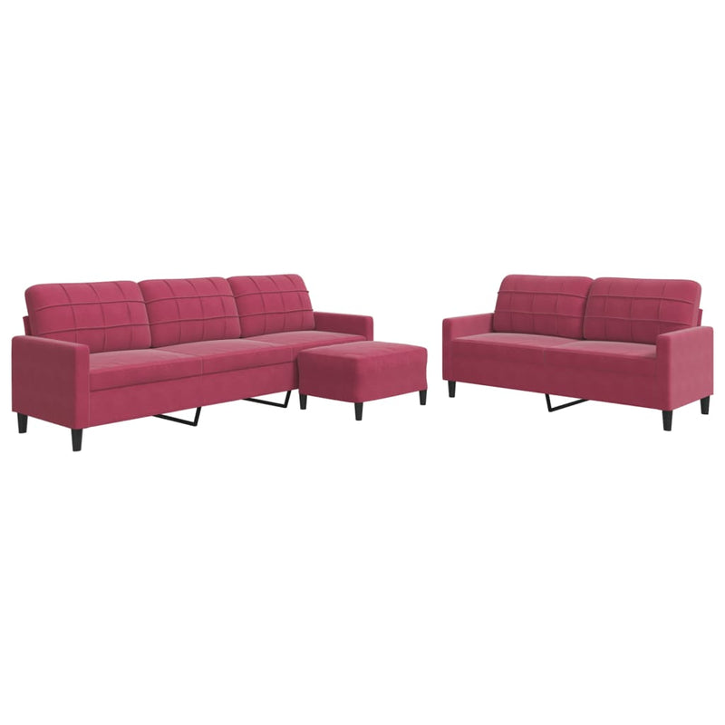Set canapea cu perne, 3 piese, roșu vin, catifea