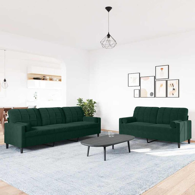 Set canapele cu perne/rulouri, 2 piese, verde închis, catifea