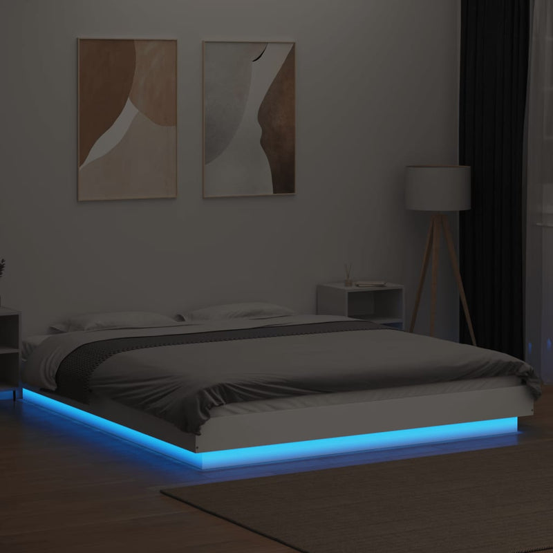 Cadru de pat cu lumini LED, alb, 160x200 cm, lemn prelucrat