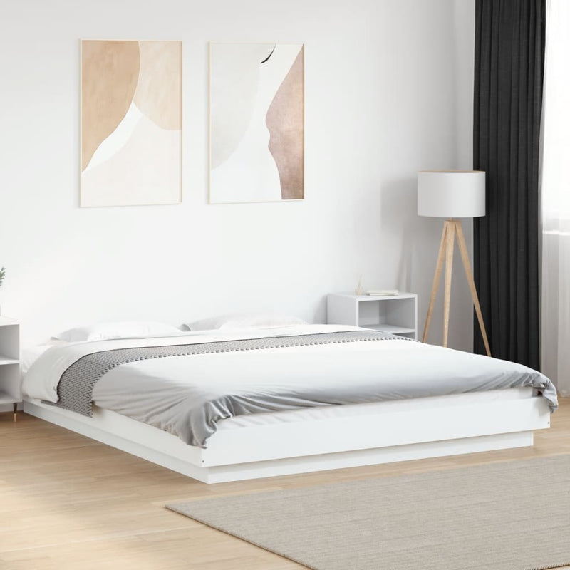 Cadru de pat cu lumini LED, alb, 160x200 cm, lemn prelucrat