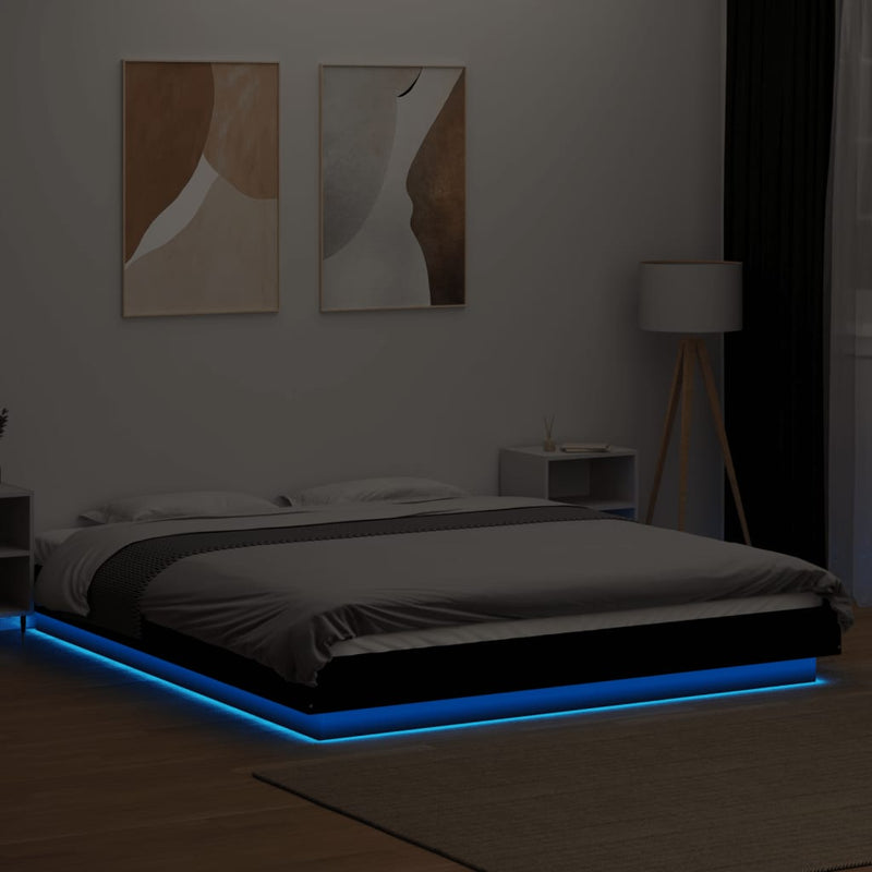 Cadru de pat cu lumini LED, negru, 150x200 cm, lemn prelucrat