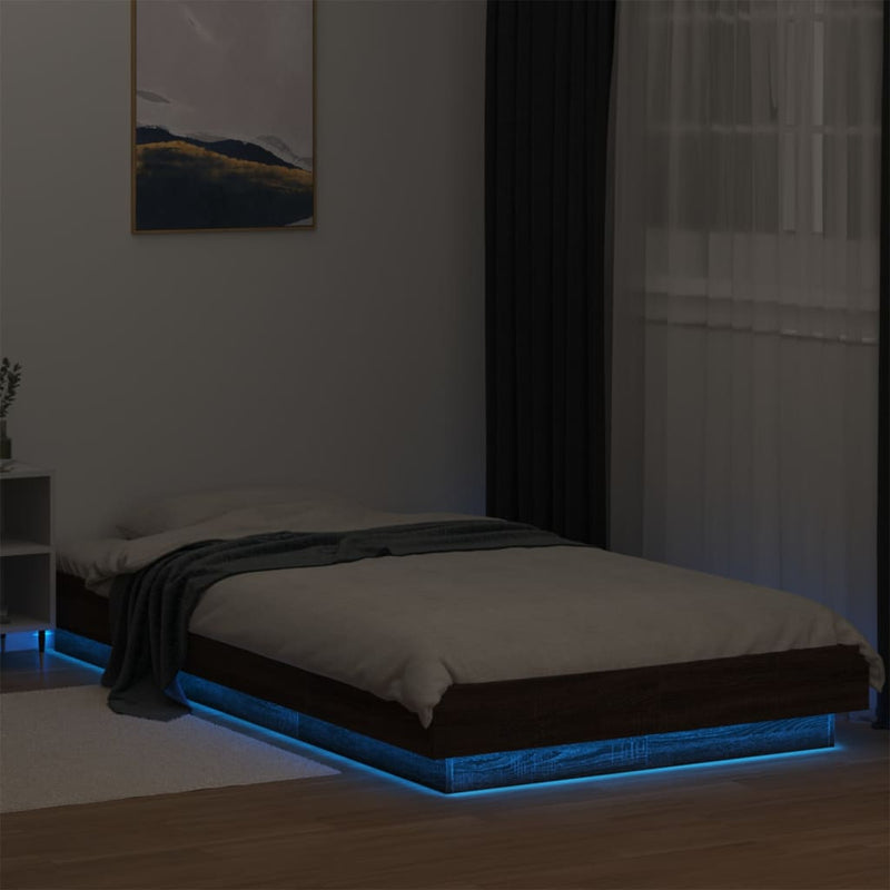 Cadru de pat cu lumini LED stejar maro 100x200cm lemn prelucrat