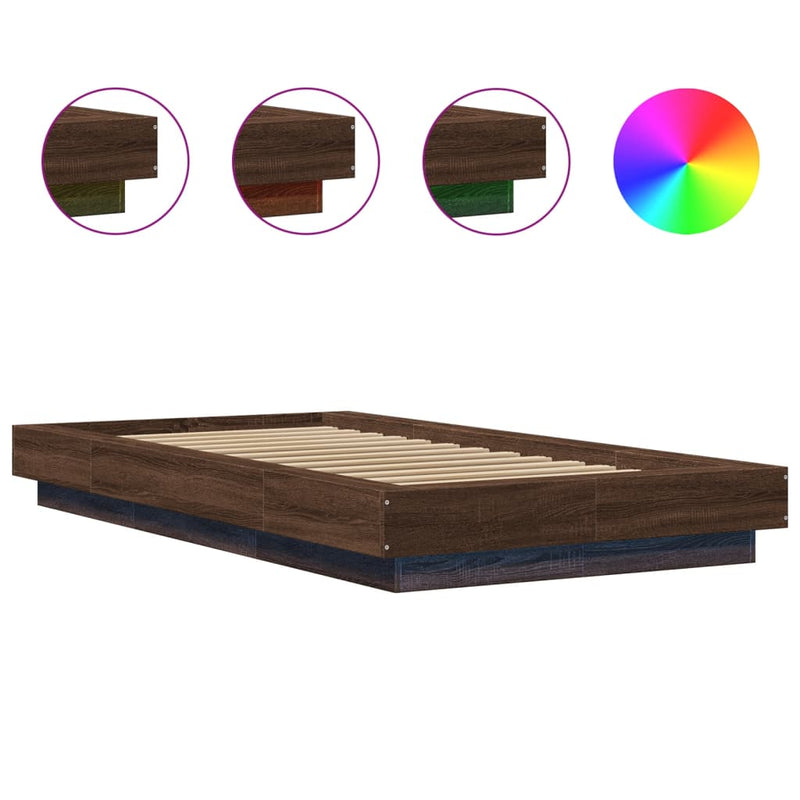 Cadru de pat cu lumini LED stejar maro 100x200cm lemn prelucrat