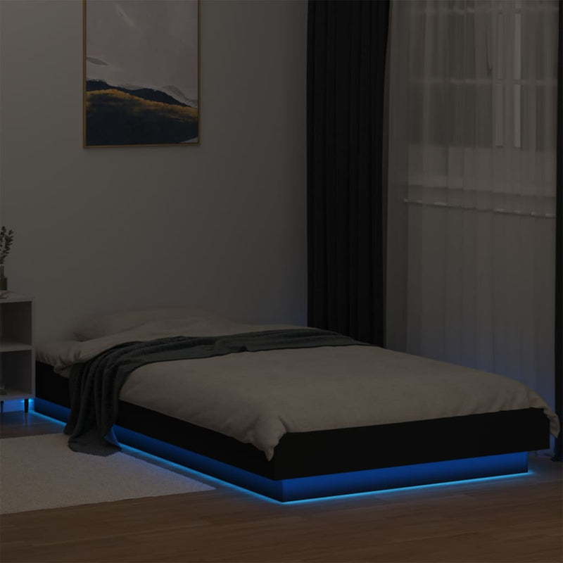 Cadru de pat cu lumini LED, negru, 90x200 cm, lemn prelucrat