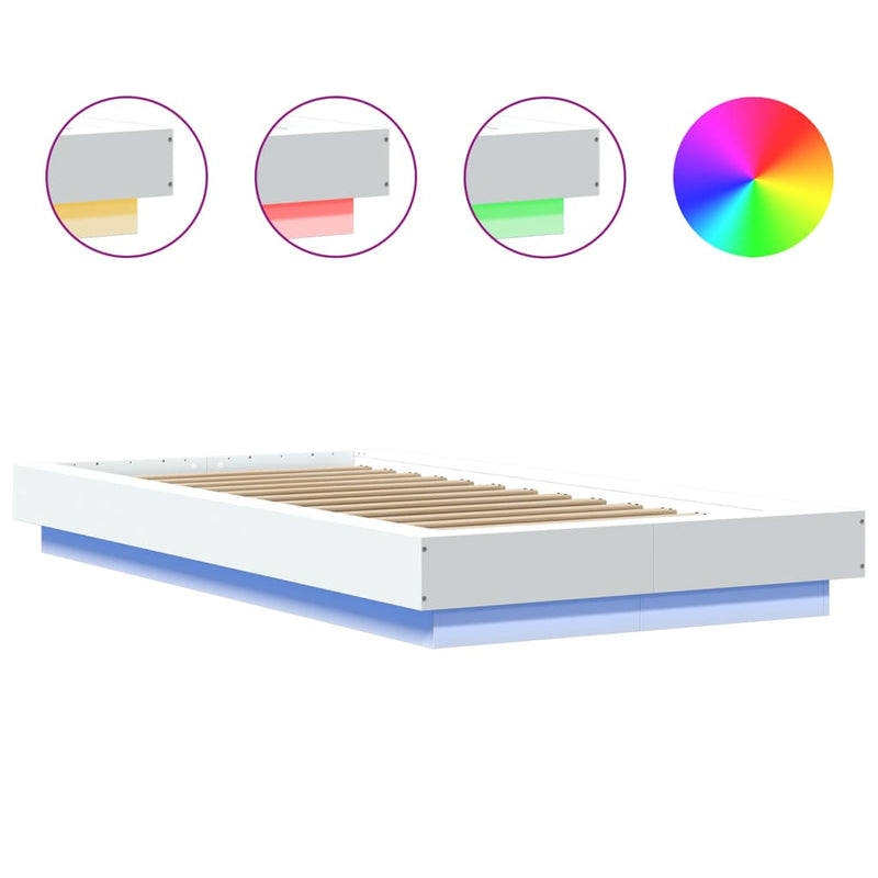 Cadru de pat cu LED, alb, 75x190 cm, lemn prelucrat