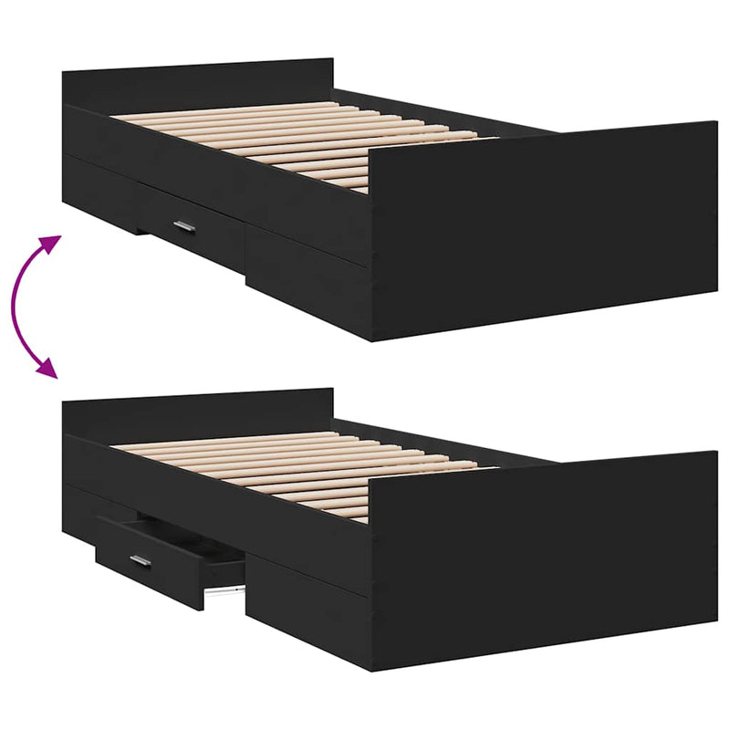 Cadru de pat cu sertare, negru, 75x190 cm, lemn prelucrat