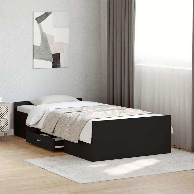 Cadru de pat cu sertare, negru, 75x190 cm, lemn prelucrat