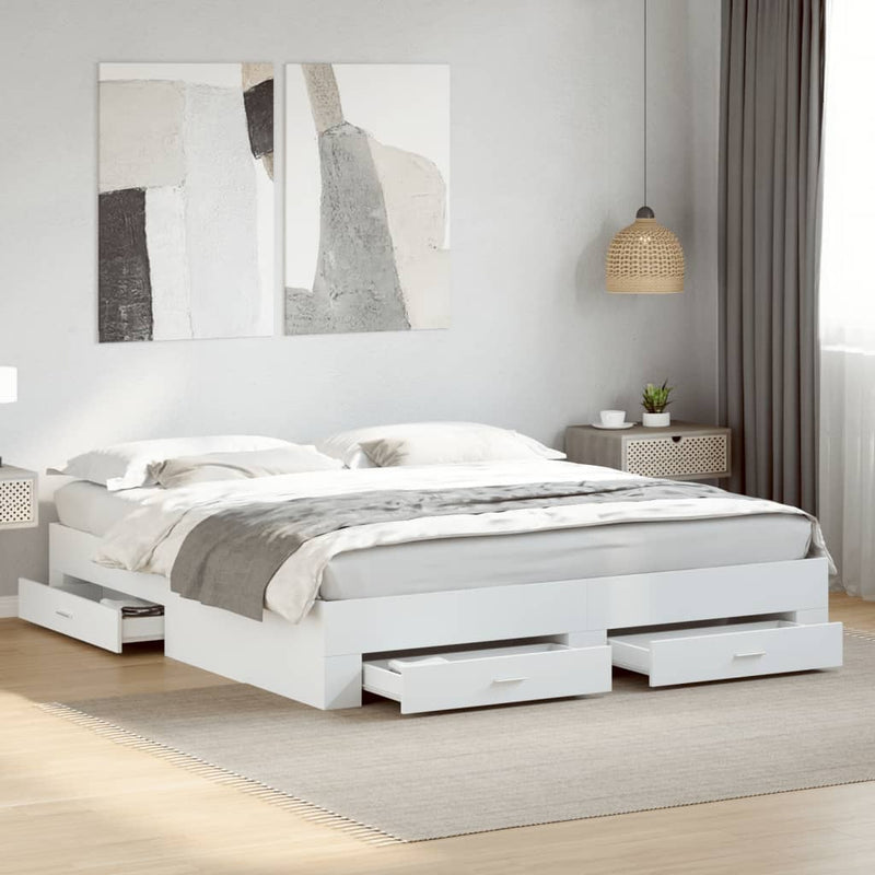 Cadru de pat cu sertare alb 200x200 cm lemn prelucrat