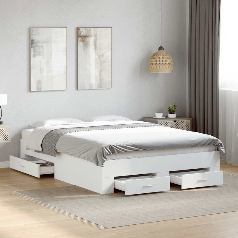 Cadru de pat cu sertare, alb, 135x190 cm, lemn prelucrat